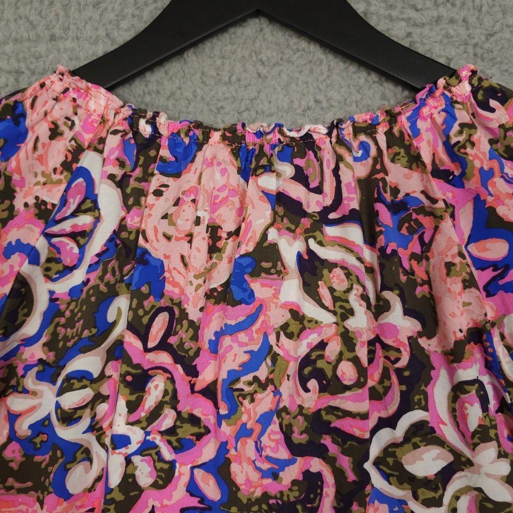 Talbots Shirt Womens XLP Petite Pink Blue Floral Ruffle Trim Keyhole Neck Blouse - Picture 10 of 10